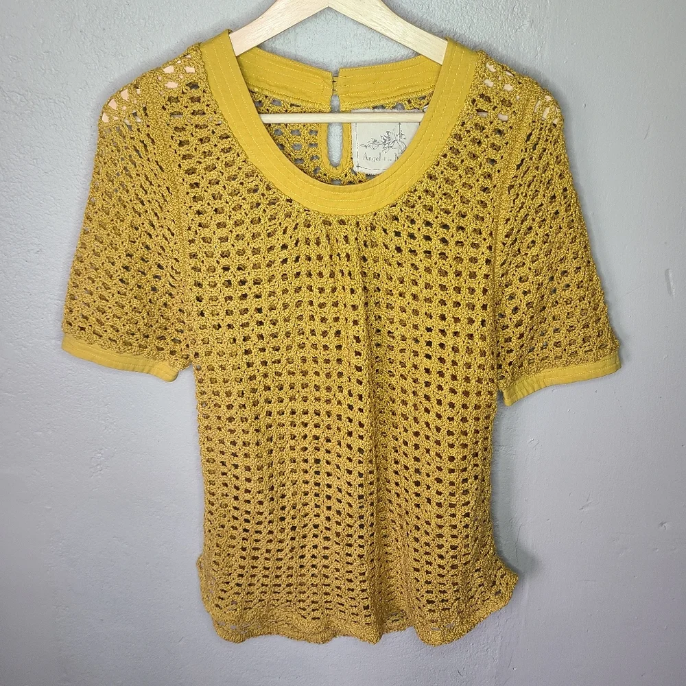 Anthropologie Angel Of The North Open Knit Mustard Top - Picture 3 of 11
